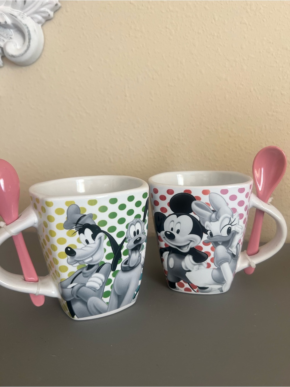 2 Disney Polka Dot Mickey & Friends Ceramic Mug with Pink Spoon